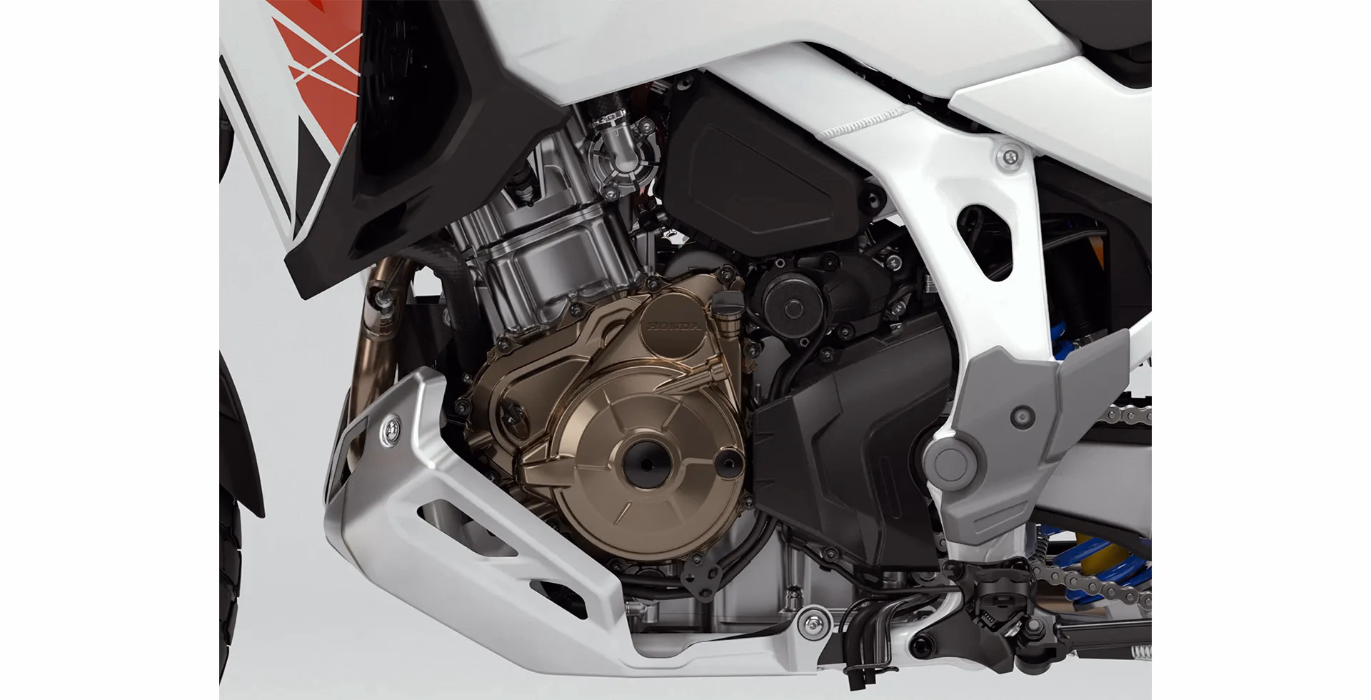 Detalhe do motor frontal da CRF 1100L Africa Twin Adventure Sports ES branco perolizado - 10 de 24